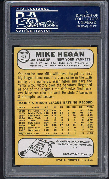 1968 Topps Baseball #402 Mike Hegan Yankees PSA 8 NM/MT 563376