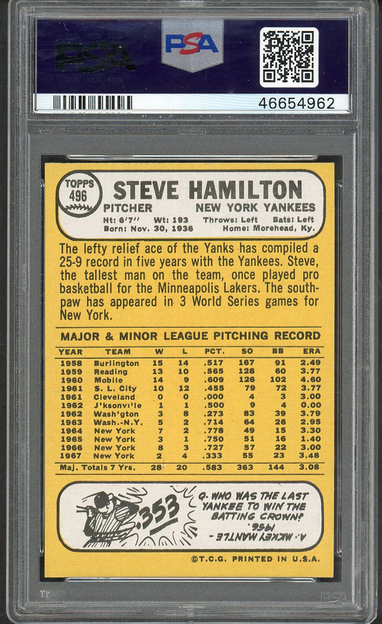 1968 Topps Baseball #496 Steve Hamilton Yankees PSA 9 MINT 563378