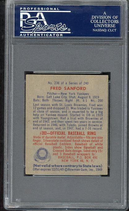 1949 Bowman Baseball #236 Fred Sanford Yankees PSA 6 EX-MT 563381