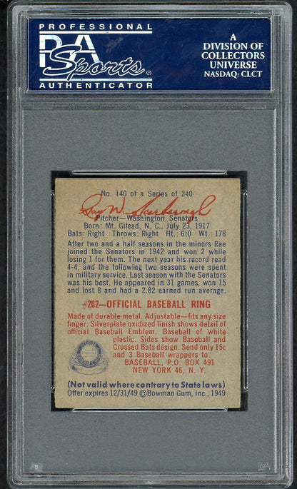 1949 Bowman Baseball #140 Ray Scarborough Senators PSA 7 NM 563384