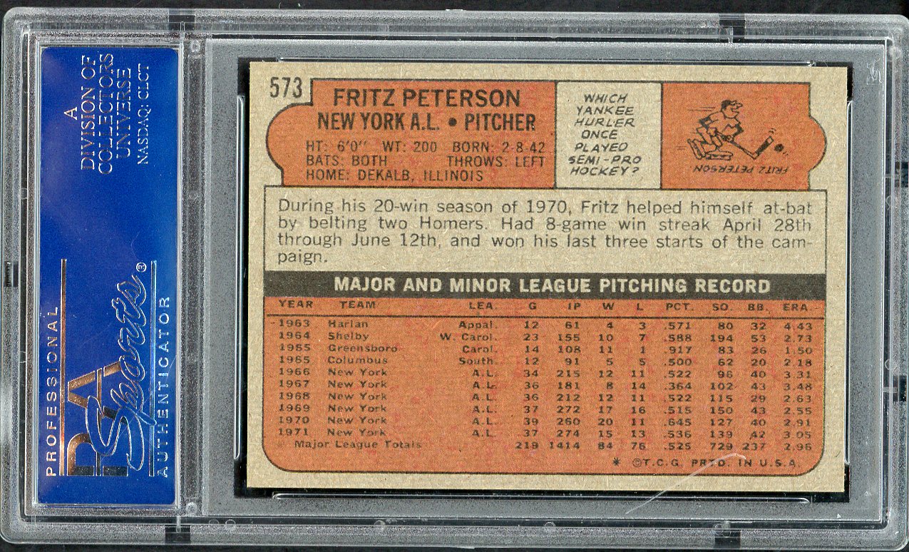 1972 Topps Baseball #573 Fritz Peterson Yankees PSA 9 MINT 563395