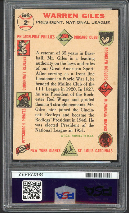 1956 Topps Baseball #002 Warren Giles President PSA 6 EX-MT White 563407