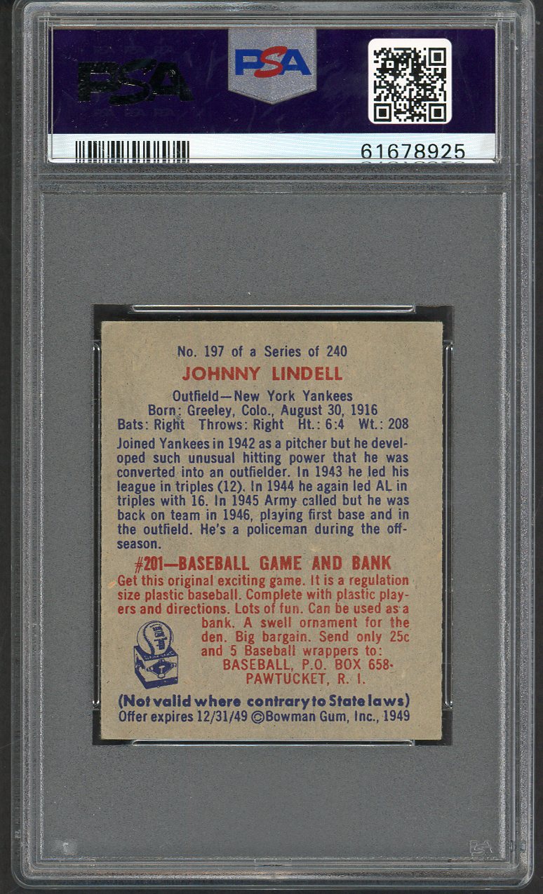 1949 Bowman Baseball #197 Johnny Lindell Yankees PSA 6 EX-MT 563408