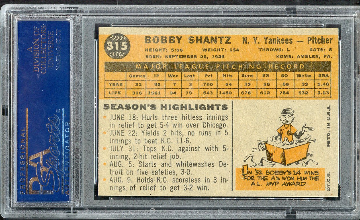 1960 Topps Baseball #315 Bobby Shantz Yankees PSA 6 EX-MT 563413