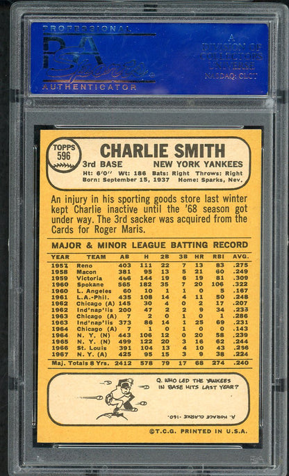 1968 Topps Baseball #596 Charlie Smith Yankees PSA 8 NM/MT 563428