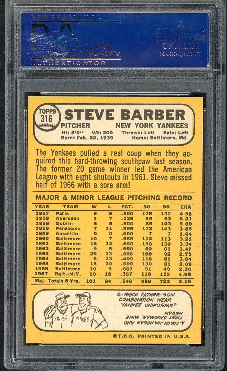 1968 Topps Baseball #316 Steve Barber Yankees PSA 9 MINT 563429