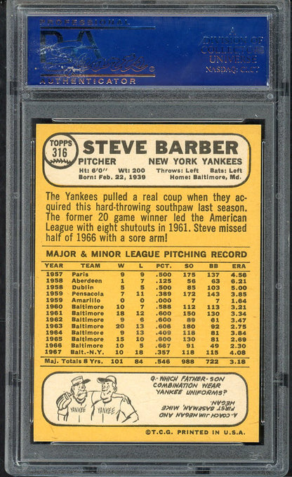 1968 Topps Baseball #316 Steve Barber Yankees PSA 9 MINT 563429