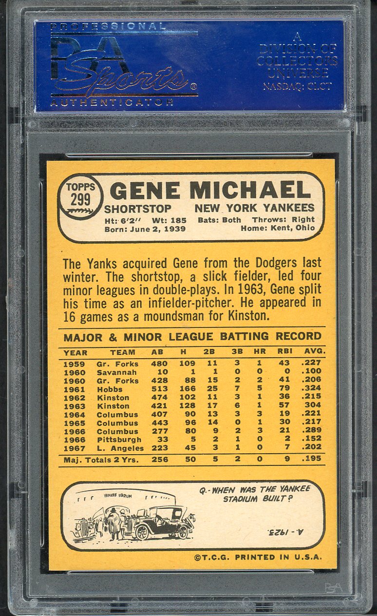 1968 Topps Baseball #299 Gene Michael Yankees PSA 9 MINT 563430