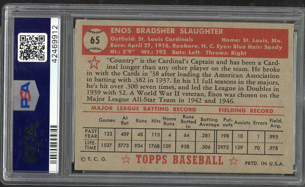1952 Topps Baseball #065 Enos Slaughter Cardinals PSA 5 EX Red 563437