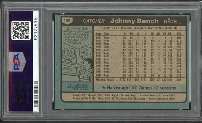 1980 Topps Baseball #100 Johnny Bench Reds PSA 9 MINT 563441