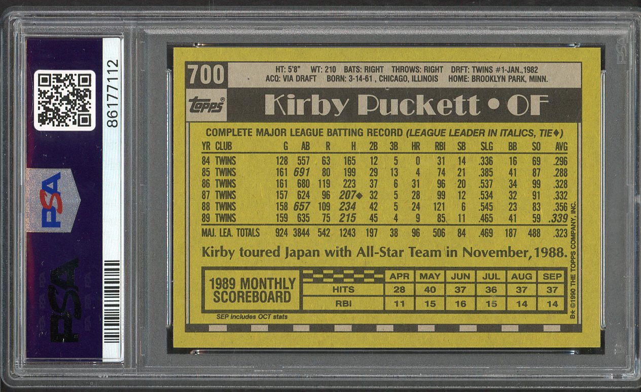 1990 Topps #700 Kirby Puckett Twins PSA 10 GEM MINT 563445
