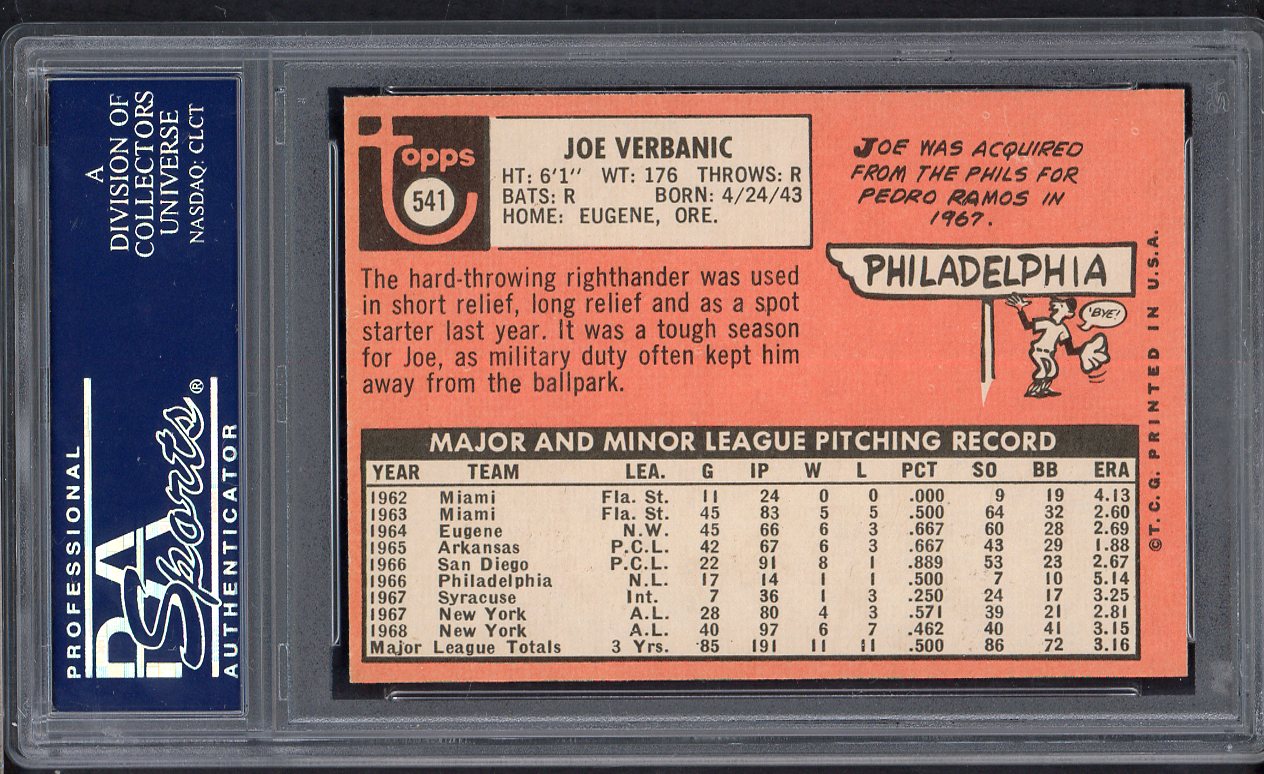 1969 Topps Baseball #541 Joe Verbanic Yankees PSA 8 NM/MT 563450