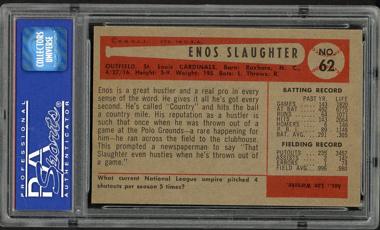 1954 Bowman Baseball #062 Enos Slaughter Cardinals PSA 7 NM 563451