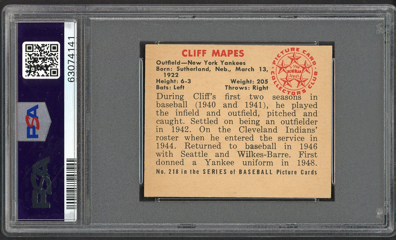 1950 Bowman Baseball #218 Cliff Mapes Yankees PSA 5 EX No Copyright 563455
