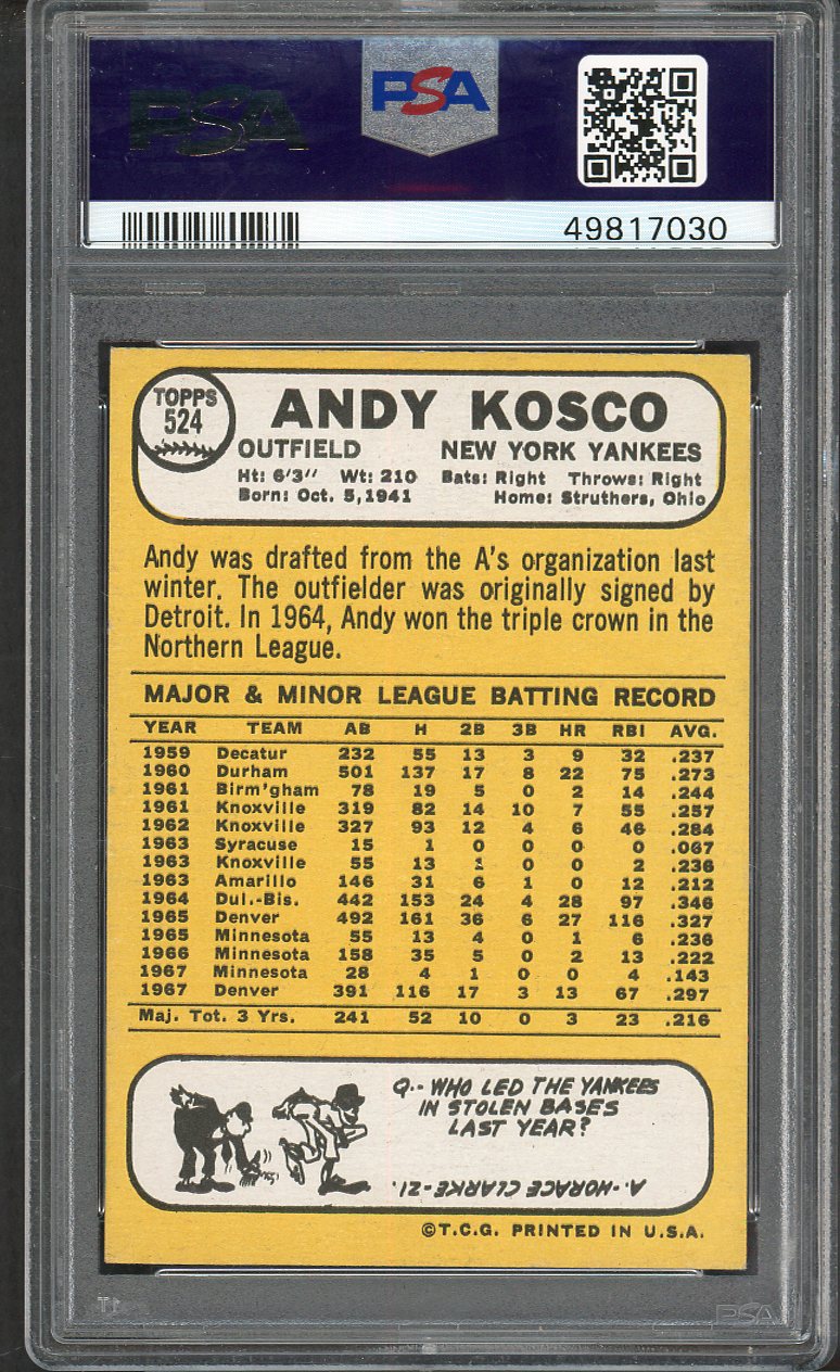 1968 Topps Baseball #524 Andy Kosco Yankees PSA 7 NM 563462