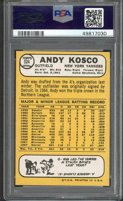 1968 Topps Baseball #524 Andy Kosco Yankees PSA 7 NM 563462