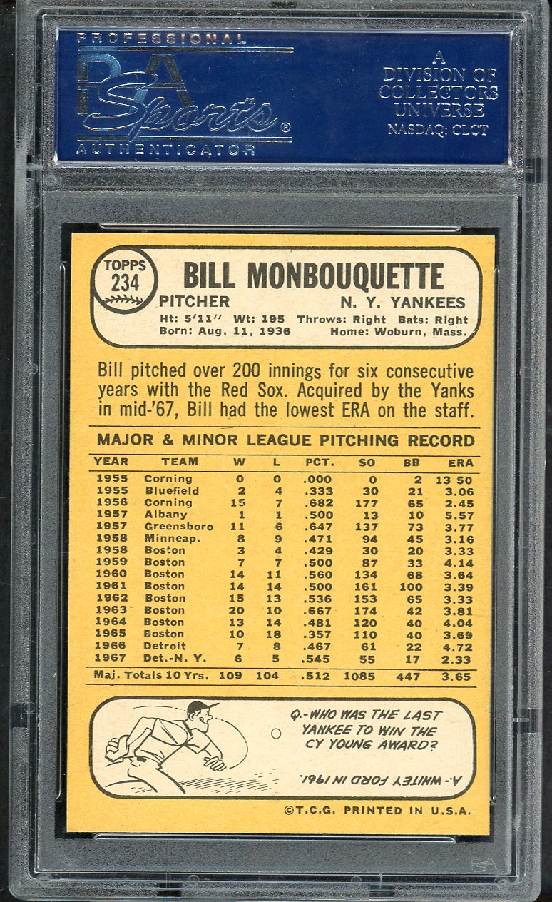 1968 Topps Baseball #234 Bill Monbouquette Yankees PSA 8 NM/MT 563466