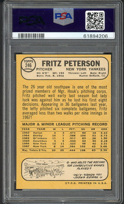 1968 Topps Baseball #246 Fritz Peterson Yankees PSA 7 NM 563467