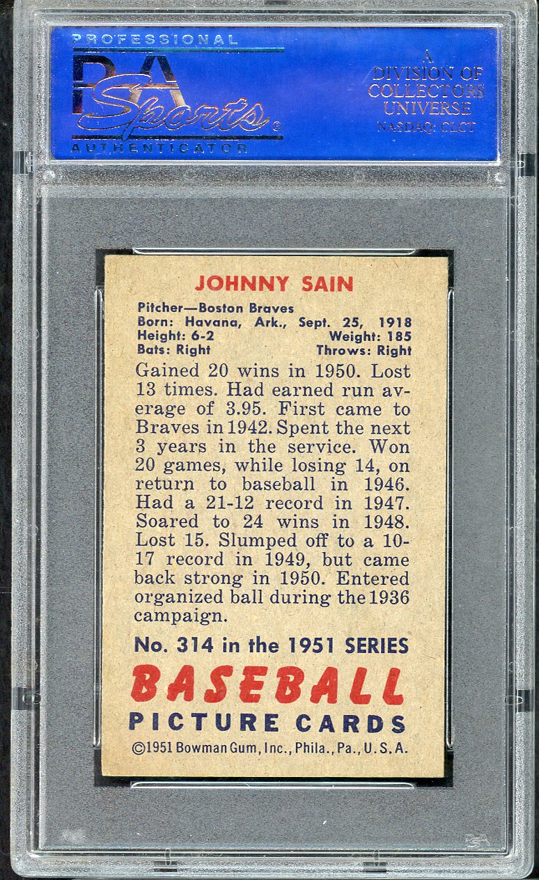 1951 Bowman Baseball #314 Johnny Sain Braves PSA 6 EX-MT 563469