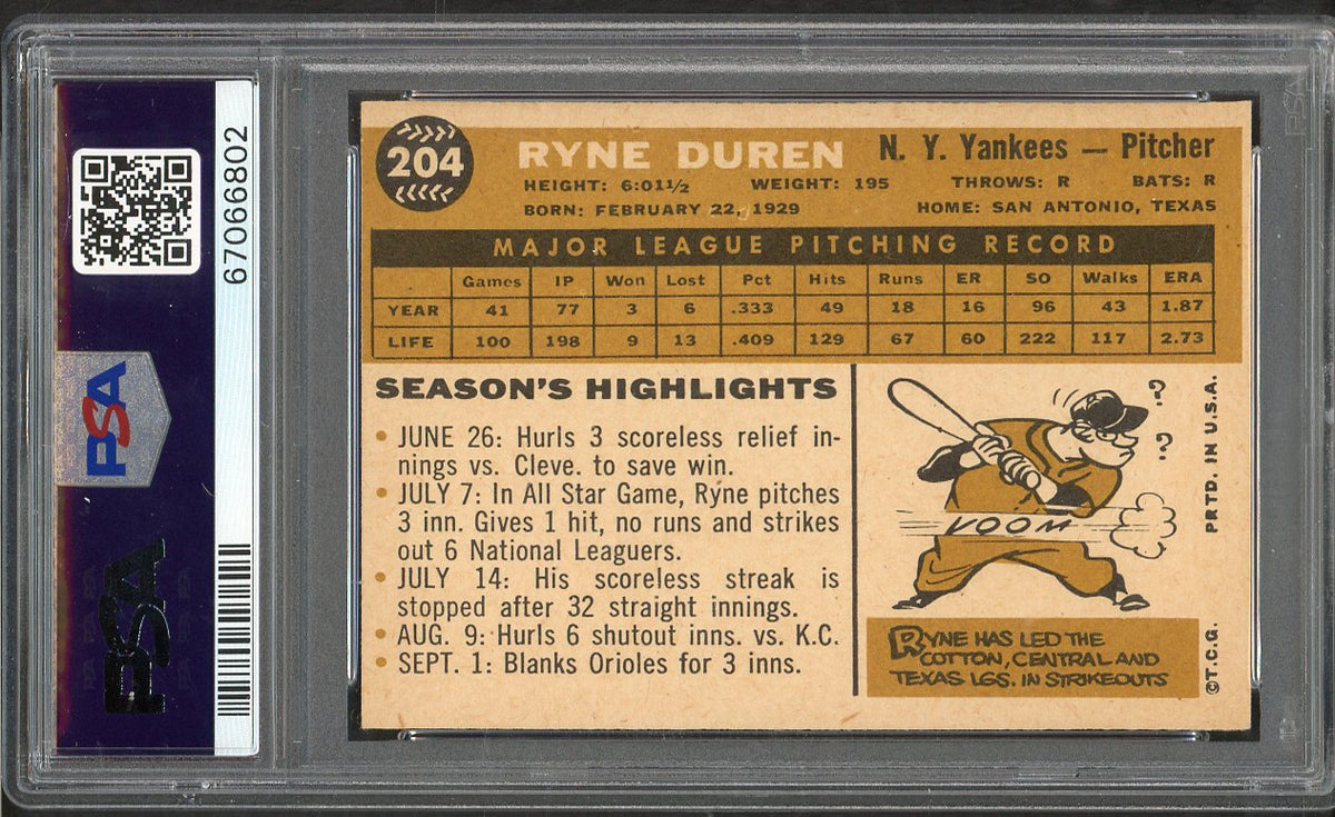 1960 Topps Baseball #204 Ryne Duren Yankees PSA 5 EX 563473