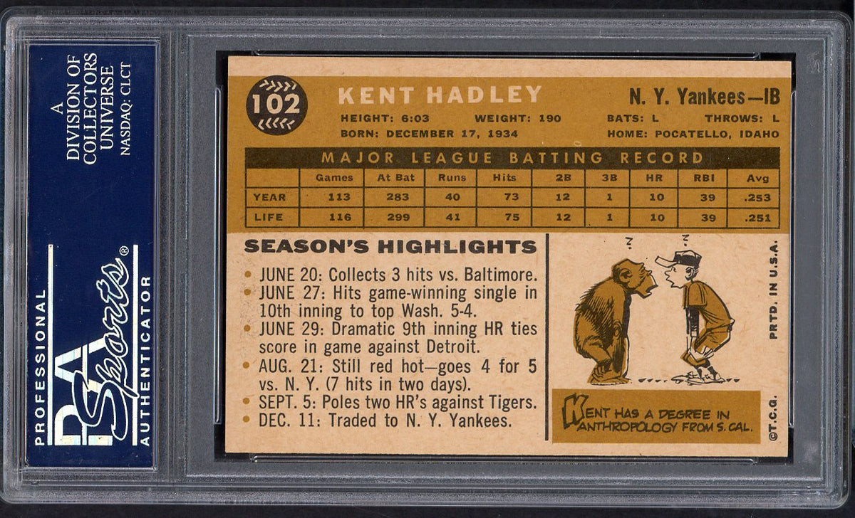 1960 Topps Baseball #102 Kent Hadley Yankees PSA 7 NM 563476