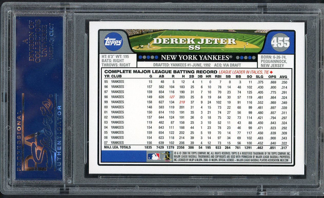 2008 Topps #455 Derek Jeter Yankees PSA 10 GEM MINT 563501