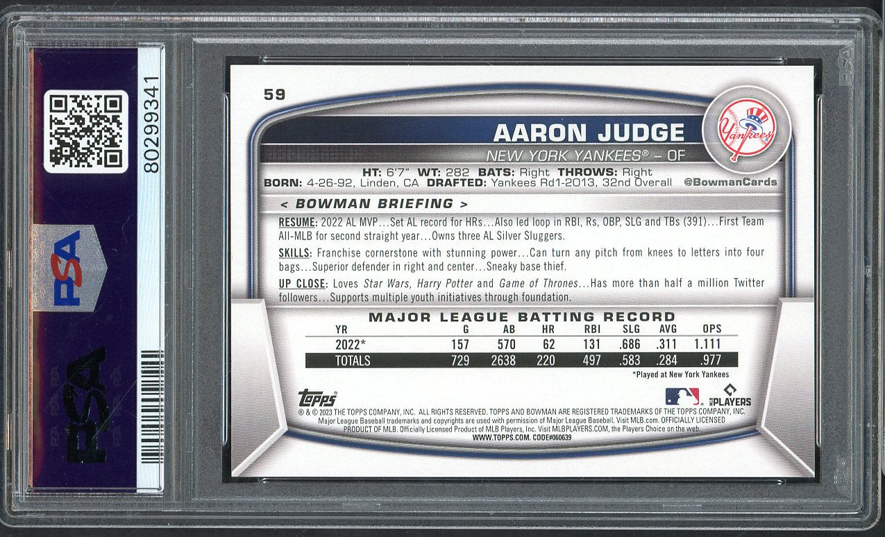 2023 Bowman # 59 Aaron Judge Yankees PSA 10 GEM MINT 563507