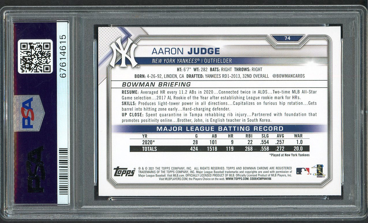 2021 Bowman # 74 Aaron Judge Yankees PSA 10 GEM MINT 563508