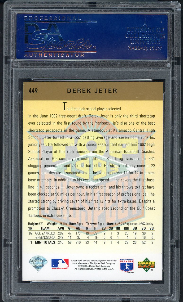 1993 Upper Deck #449 Derek Jeter Yankees PSA 10 GEM MINT 563523