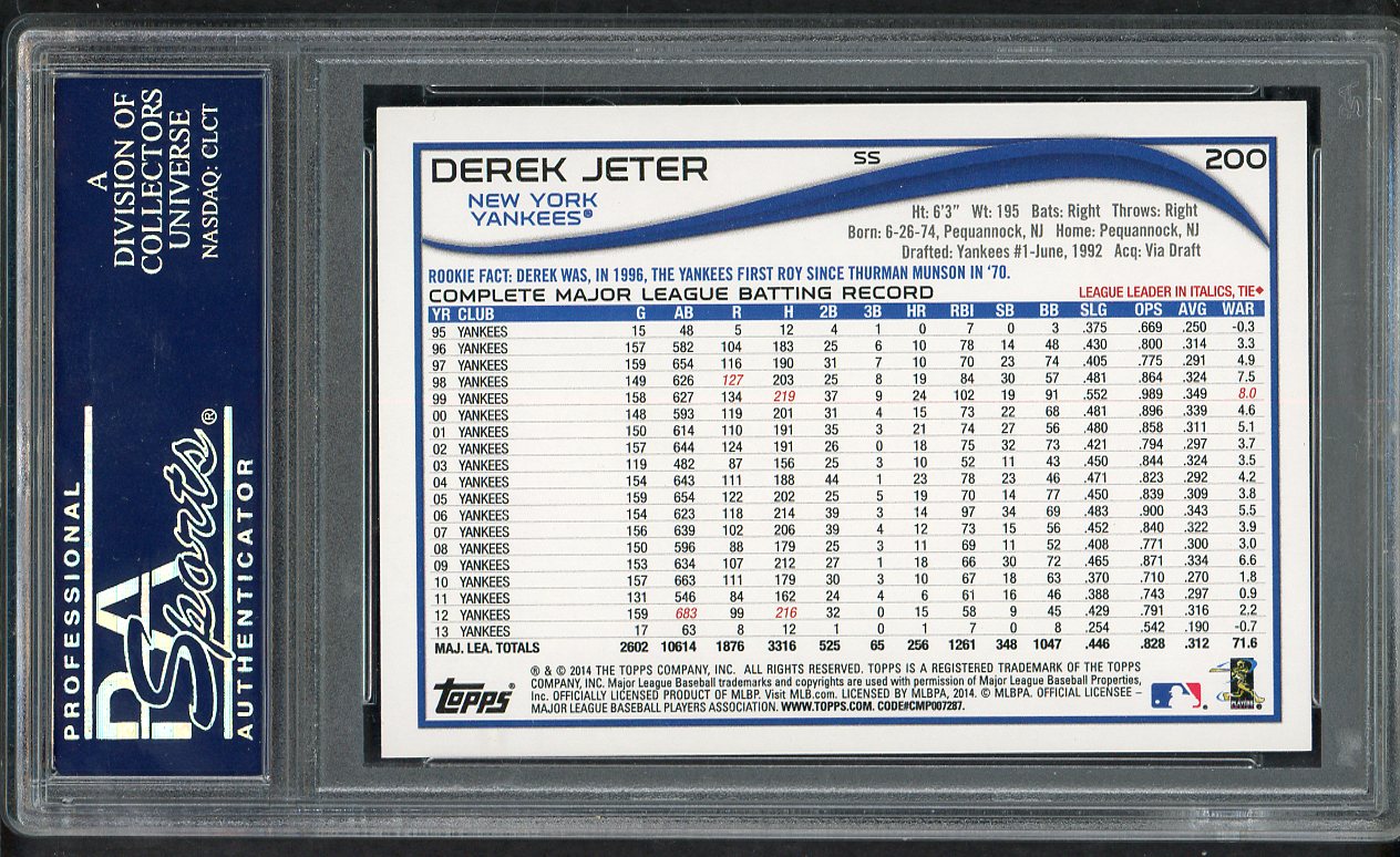 2014 Topps #200 Derek Jeter Yankees PSA 10 GEM MINT 563534