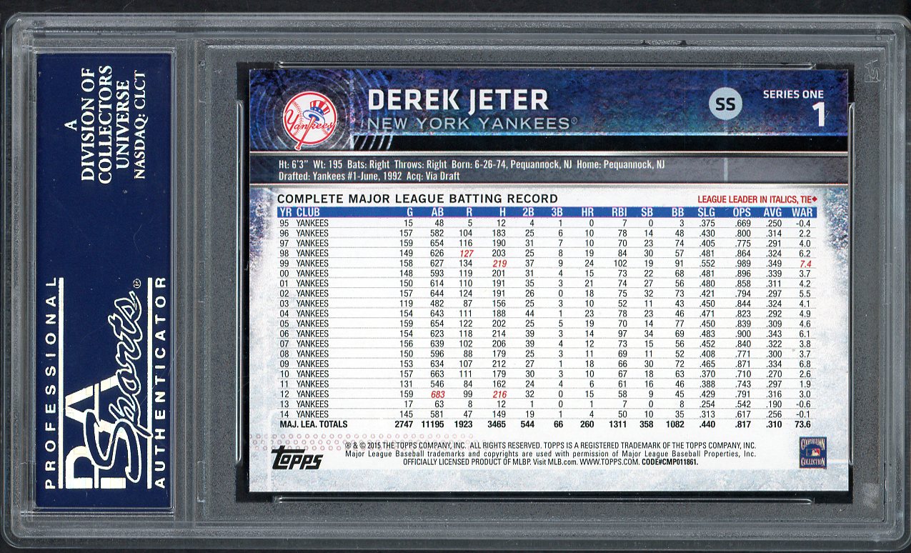 2015 Topps #  1 Derek Jeter Yankees PSA 10 GEM MINT Two Hands 563535