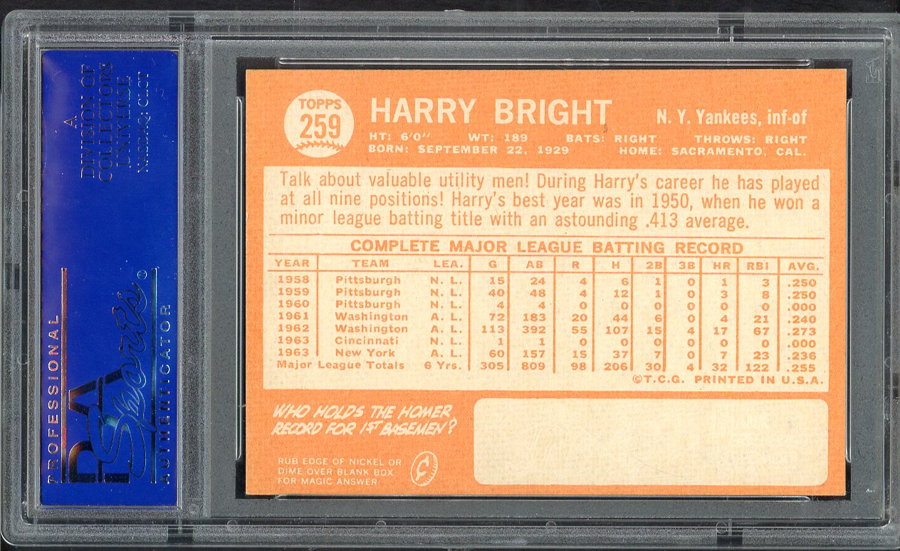 1964 Topps Baseball #259 Harry Bright Yankees PSA 7 NM 563565