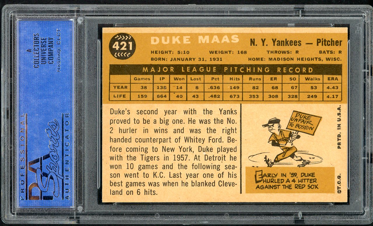 1960 Topps Baseball #421 Duke Maas Yankees PSA 8 NM/MT 563571