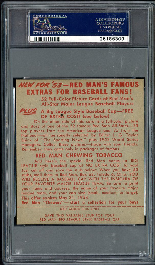 1953 Red Man #  7AL Eddie Joost A's PSA 7 NM w Tab 563578