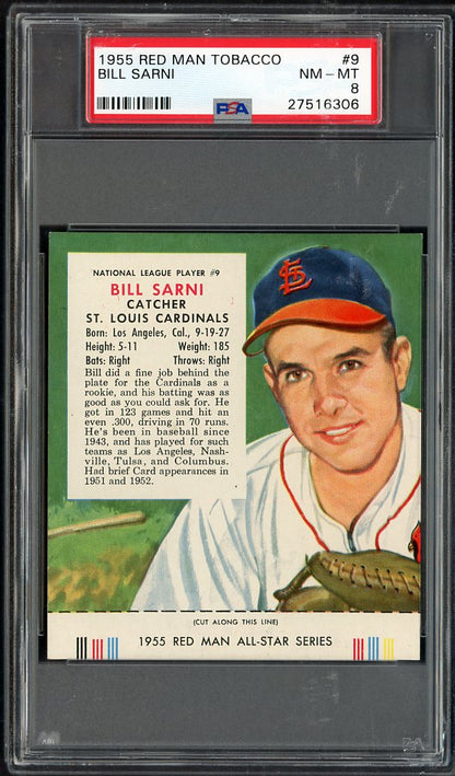 1955 Red Man #  9NL Bill Sarni Cardinals PSA 8 NM/MT w Tab 563584