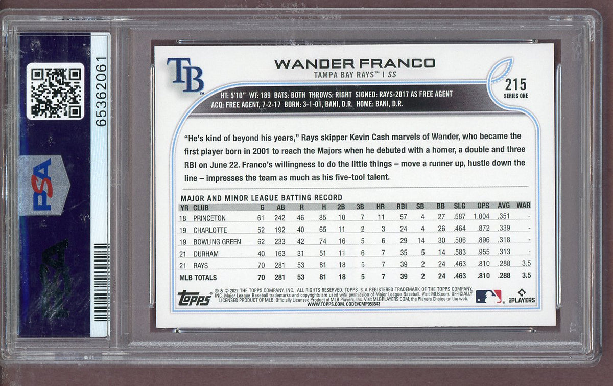2022 Topps #215 Wander Franco Rays PSA 10 GEM MINT 563633