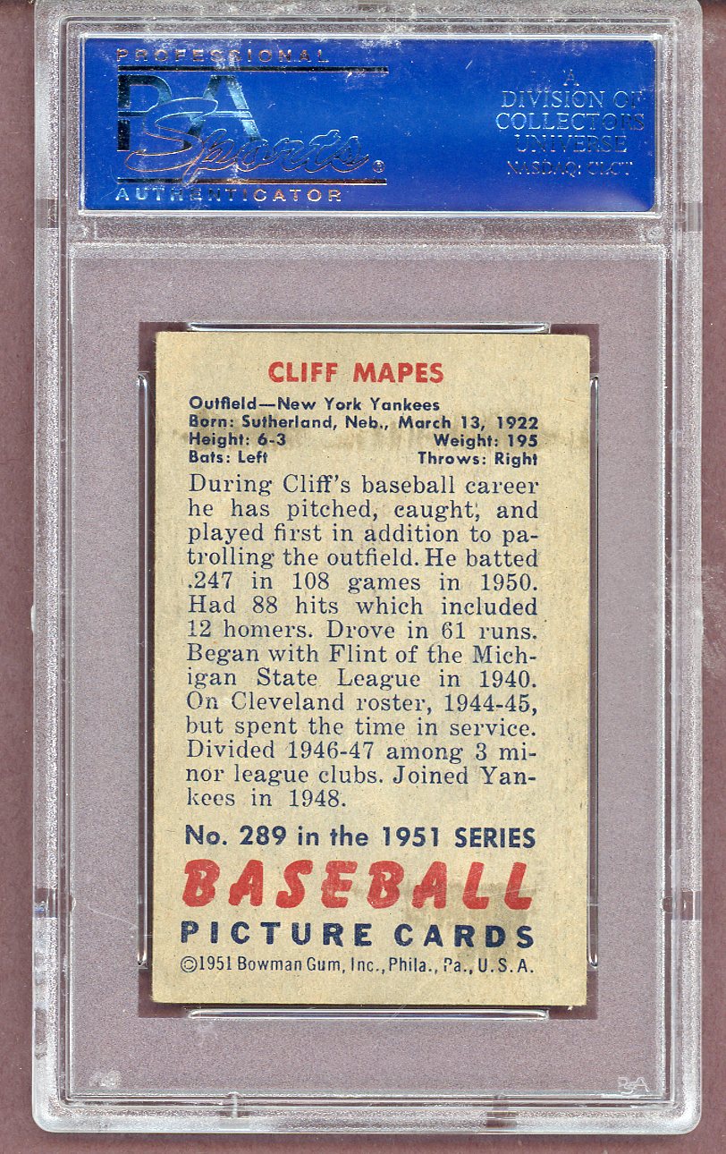 1951 Bowman Baseball #289 Cliff Mapes Yankees PSA 4 VG-EX 563642