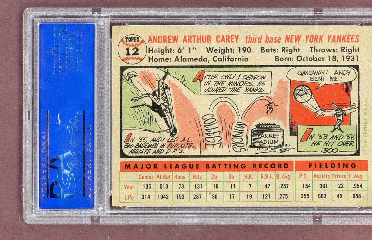 1956 Topps Baseball #012 Andy Carey Yankees PSA 6 EX-MT Gray 563659