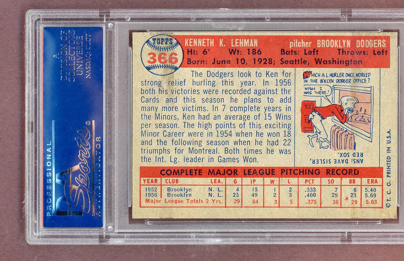 1957 Topps Baseball #366 Ken Lehman Dodgers PSA 6 EX-MT 563683