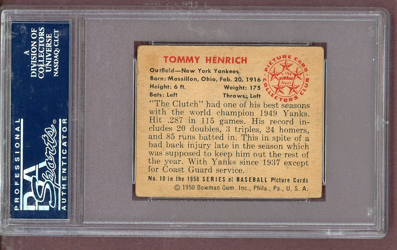 1950 Bowman Baseball #010 Tommy Henrich Yankees PSA 3 VG 563689