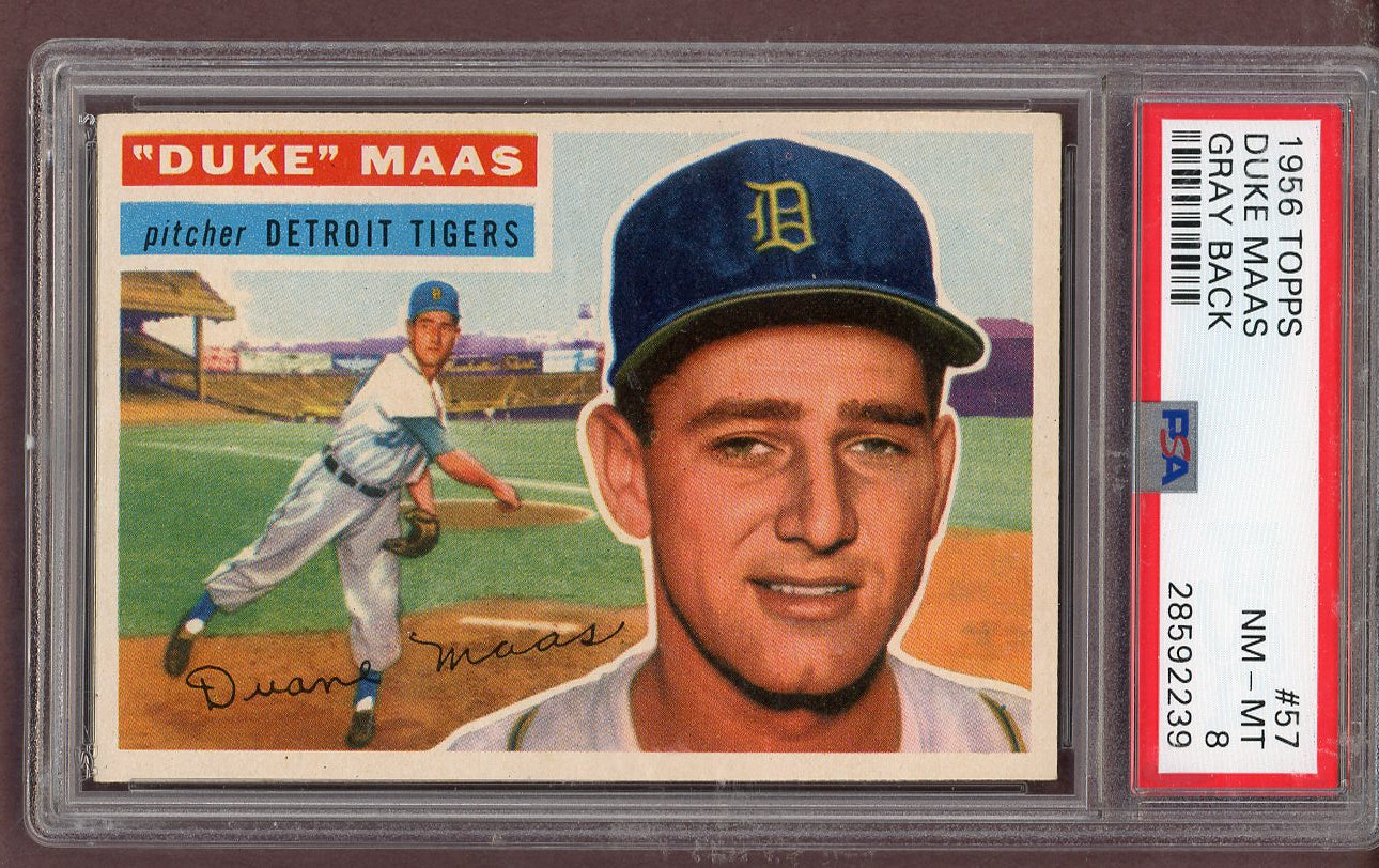 1956 Topps Baseball #057 Duke Maas Tigers PSA 8 NM/MT Gray 563713