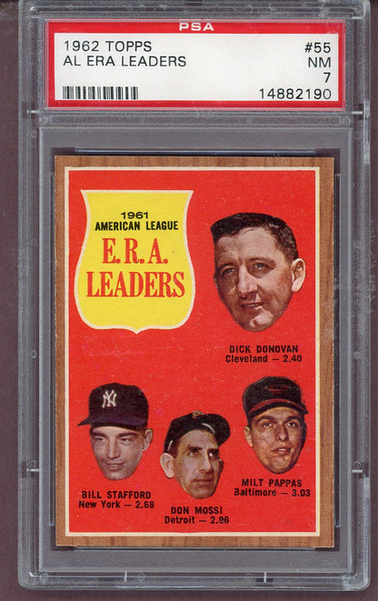 1962 Topps Baseball #055 A.L. ERA Leaders Milt Pappas PSA 7 NM 563729