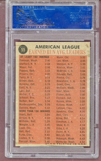 1962 Topps Baseball #055 A.L. ERA Leaders Milt Pappas PSA 7 NM 563729