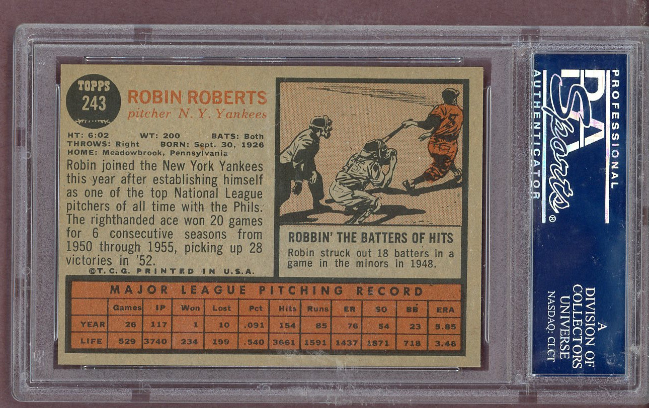 1962 Topps Baseball #243 Robin Roberts Yankees PSA 7 NM 563765