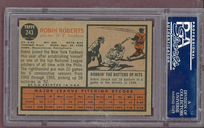 1962 Topps Baseball #243 Robin Roberts Yankees PSA 7 NM 563765