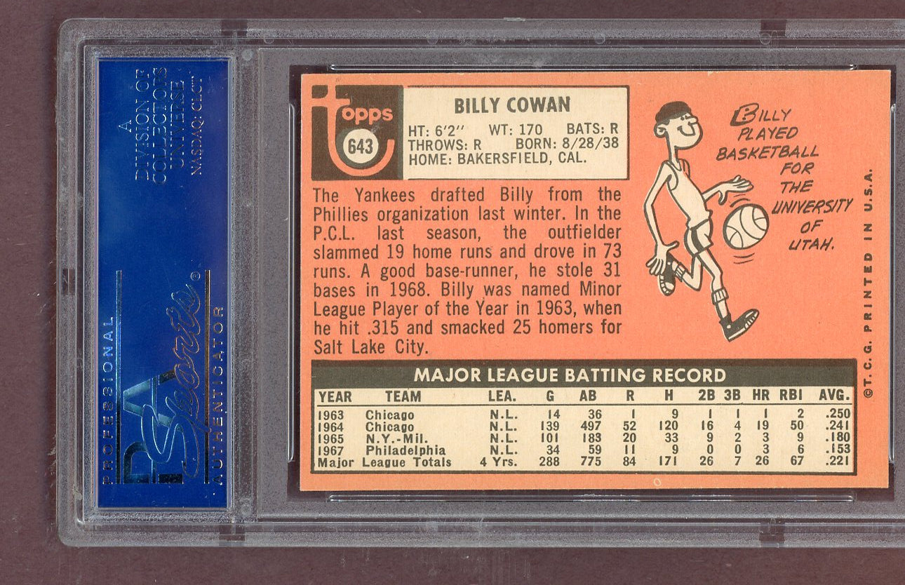 1969 Topps Baseball #643 Billy Cowan Yankees PSA 8 NM/MT 563803