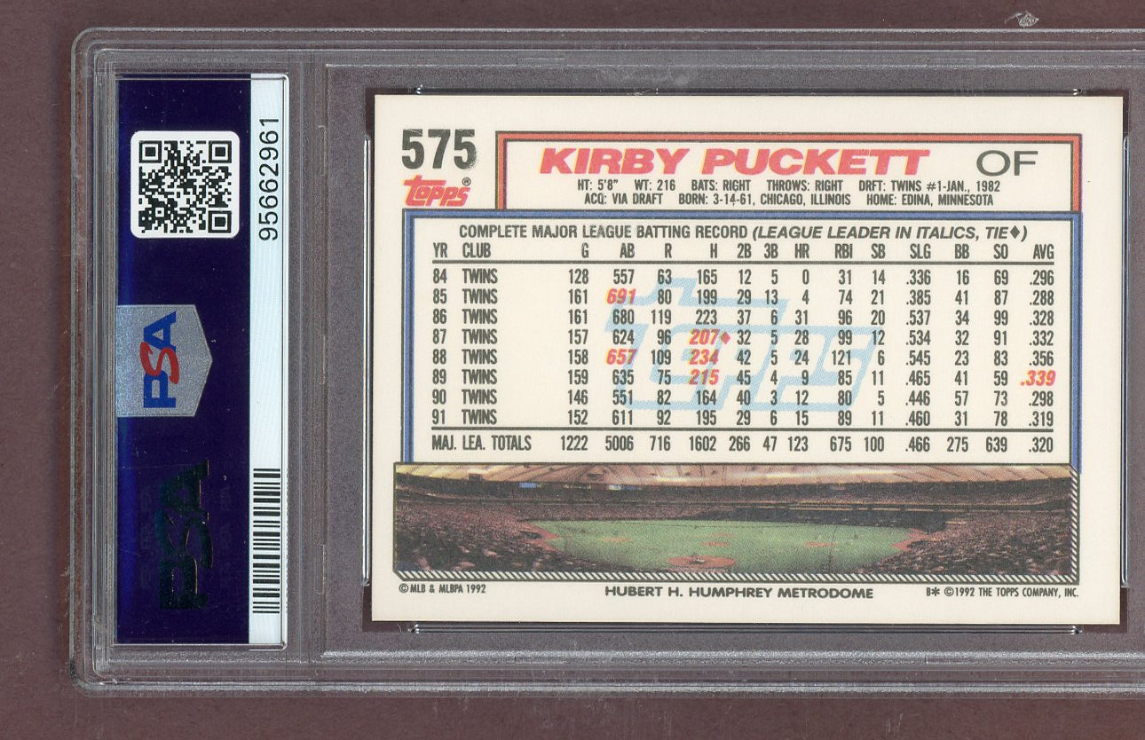 1992 Topps #575 Kirby Puckett Twins PSA 10 GEM MINT 563821