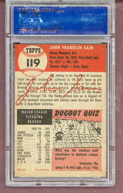 1953 Topps Baseball #119 Johnny Sain Yankees PSA 6 EX-MT oc 563842