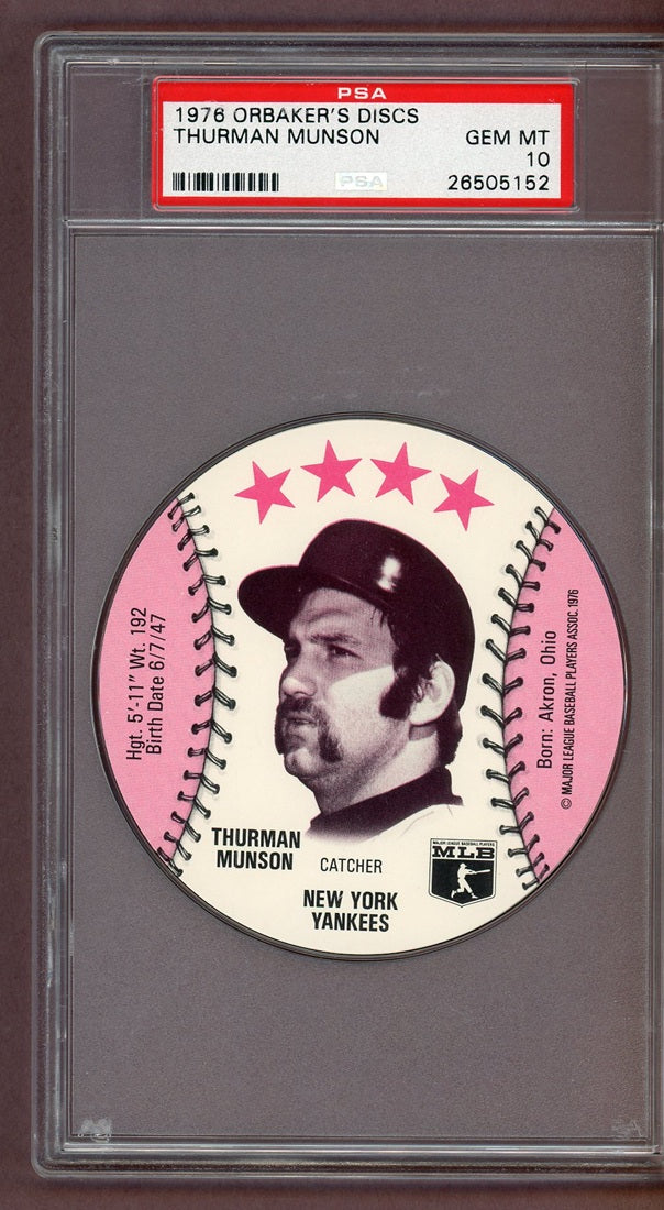1976 Orbakers Discs Thurman Munson Yankees PSA 10 GEM MINT 563912
