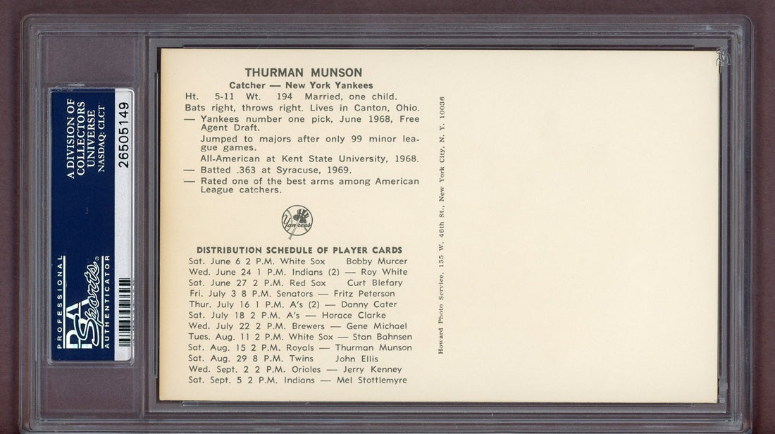 1970 Yankees Clinic Postcard Thurman Munson Yankees PSA 5 EX 563915